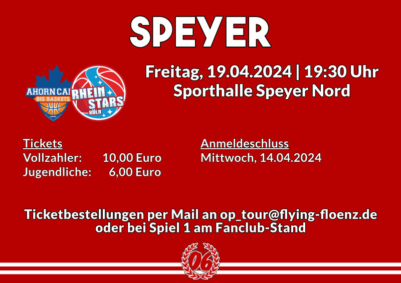 Ticketinfos für das Auswärtsspiel der Rheinstars Köln in Speyer am 19.04.2024.